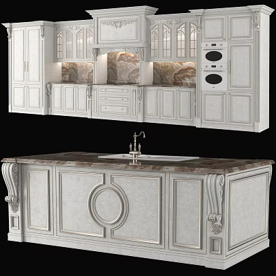 Elegant White Kitchen Cabinets With Carved Details And Marble Island Countertop 3d model
