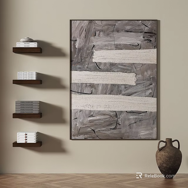 Abstract Painting with Neutral Gray Tones and Wall Shelves Near Clay Pottery Interior 3d model 
