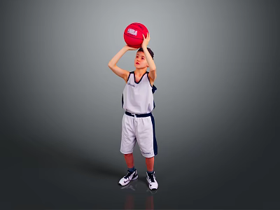 Dynamic Game Anime Basketball Character in White Jersey Holding Red Ball Above Head 3d model