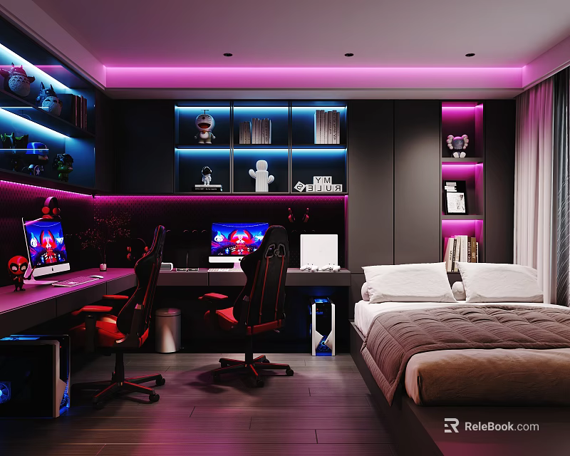Modern Internet Cafe With Red Gaming Chairs Purple Blue Lighting And Decorative Shelves 3d model 