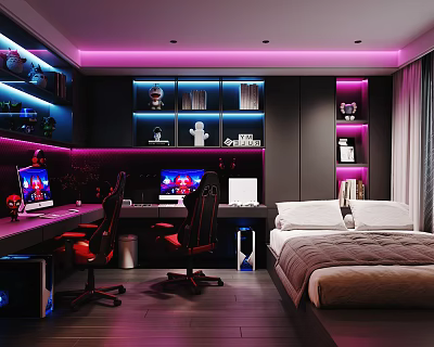 Modern Internet Cafe With Red Gaming Chairs Purple Blue Lighting And Decorative Shelves 3d model