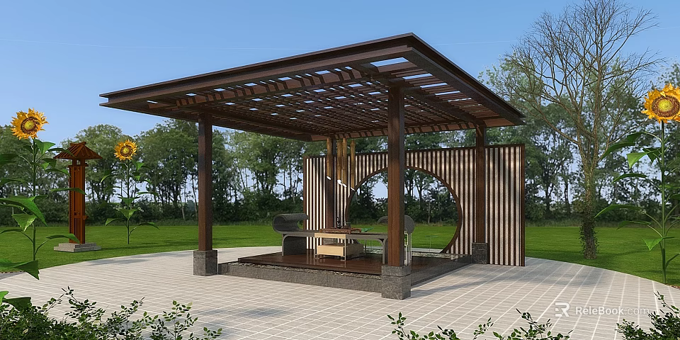 Modern Pergola With Wooden Lattice Roof Outdoor Seating And Sunflower 3d model 