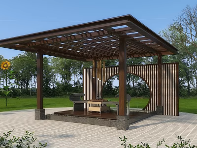 Modern Pergola With Wooden Lattice Roof Outdoor Seating And Sunflower 3d model