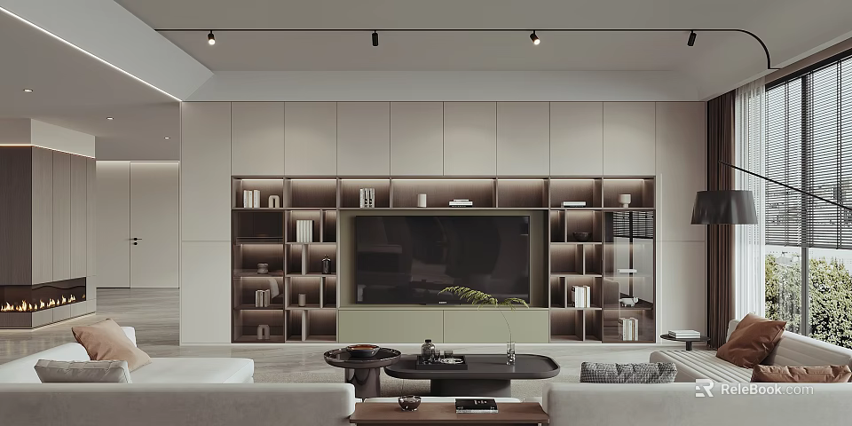 Modern Living Room Interior With Neutral TV Wall Storage Shelves Coffee Table And Lighting Design 3d model 