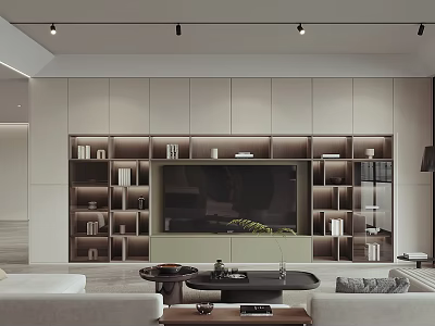 Modern Living Room Interior With Neutral TV Wall Storage Shelves Coffee Table And Lighting Design 3d model