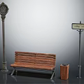 Vintage Outdoor Bench with Street Clock Signpost and Trash Can