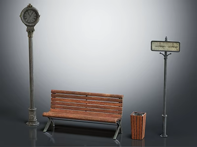 Vintage Outdoor Bench with Street Clock Signpost and Trash Can 3d model