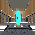 Modern Sales Office Interior With Wooden Slat Walls Central Water Feature And Green Sculpture