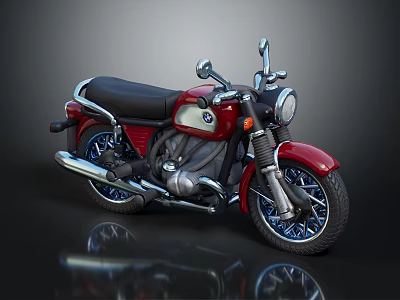 Vintage Style Red And Silver Motorcycle With Black Seat Round Headlight And Spoked Wheels 3d model