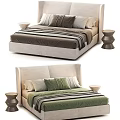 Modern Double Bed With Upholstered Headboard Brown Green Bedding And Side Table 3d model