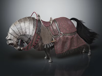 Medieval Fantasy Armored Horse With Red Saddle Silver Armor And Black Tail 3d model