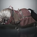 Medieval Fantasy Armored Horse With Red Saddle Silver Armor And Black Tail
