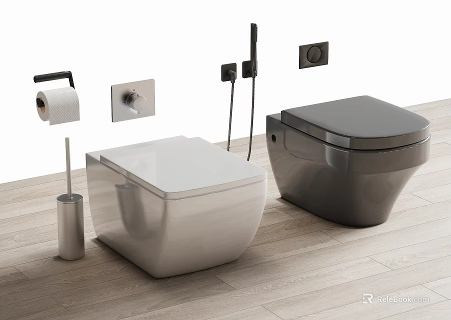Modern Toilets With Paper Holder Brush Bidet Spray On Wooden Floor And Wall Fixtures 3d model 