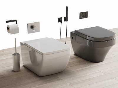 Modern Toilets With Paper Holder Brush Bidet Spray On Wooden Floor And Wall Fixtures 3d model
