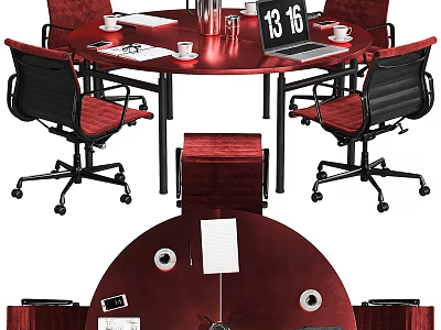 Round Red Conference Table With Black Red Office Chairs Laptop Coffee Cups Documents And Clock 3d model
