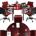 Round Red Conference Table With Black Red Office Chairs Laptop Coffee Cups Documents And Clock