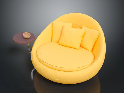 Modern Yellow Round Lounge Chair with Soft Cushions and Small Round Side Table with Bowl 3d model