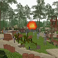 Military Themed Outdoor Field Featuring Forest Red Flower Sandbags Machine Guns And Watchtower