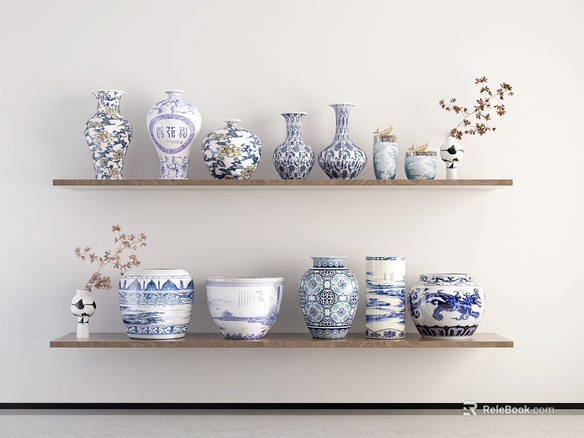 Blue and White Patterned Ceramic Wares Display on Wooden Shelves for Home Decor 3d model 