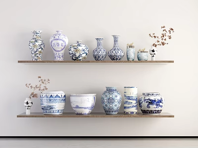 Blue and White Patterned Ceramic Wares Display on Wooden Shelves for Home Decor 3d model