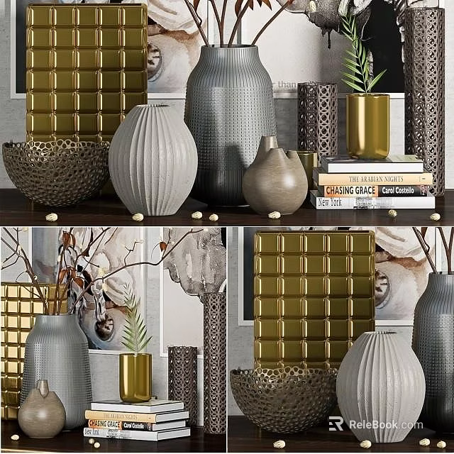 Decorative Ornament Set With Woven Baskets Ceramic Vases Golden Accents And Stacked Books 3d model 