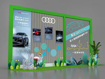 Audi Q4 e-tron Exhibition Booth With Green Frame Car Images And Plant Decorations 3d model