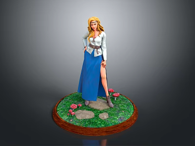 Blonde Female Wearing White Top And Blue Skirt On Grass Base With Pink Flowers Stone Path 3d model