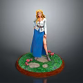 Blonde Female Wearing White Top And Blue Skirt On Grass Base With Pink Flowers Stone Path