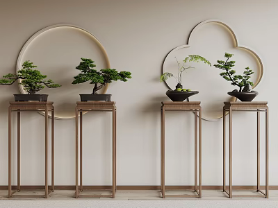 Decorative Bonsai Potted Plants On Wooden Stands With Circular And Cloud Shaped Mirrors 3d model