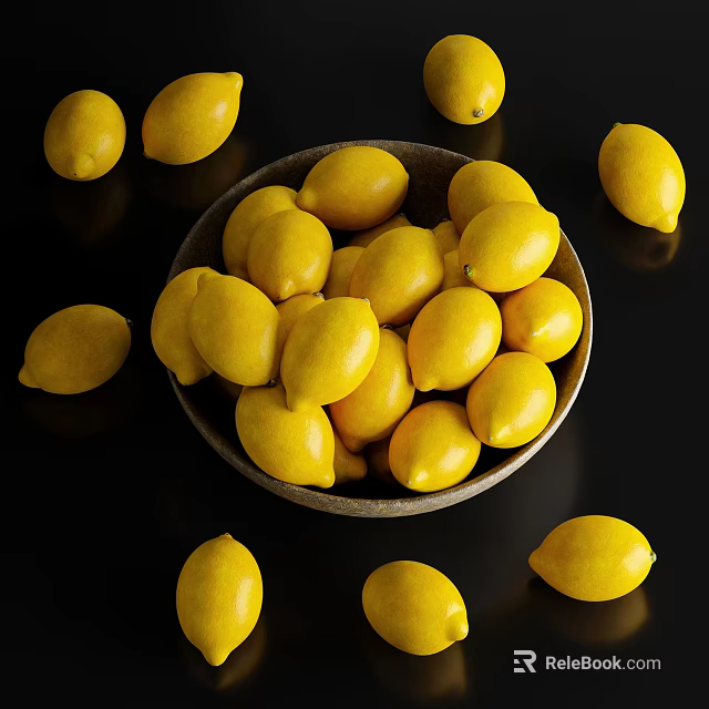 Fresh Ripe Lemons in Ceramic Bowl with Scattered Ones on Black Surface 3d model 