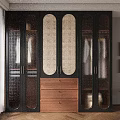 Modern Wooden Wardrobe with Open Center Clothes Hanging Section and Red Drawer in Stylish Interior