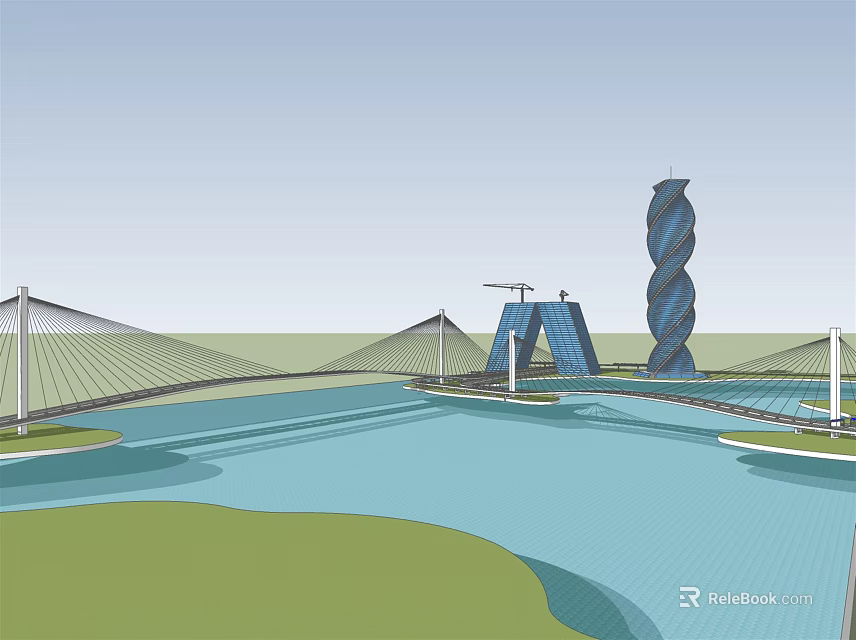 Cable Stayed Bridge With Spiral Tower Over River And Green Grassland 3d model