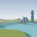 Cable Stayed Bridge With Spiral Tower Over River And Green Grassland 3d model