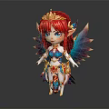 Fantasy Chibi Style 3D Character With Red Hair Golden Crown Blue Eyes And Colorful Wings