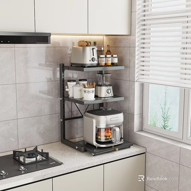 Modern Kitchen Countertop With Multi Layer Storage Shelf Holding Toaster Blender And Air Fryer 3d model 