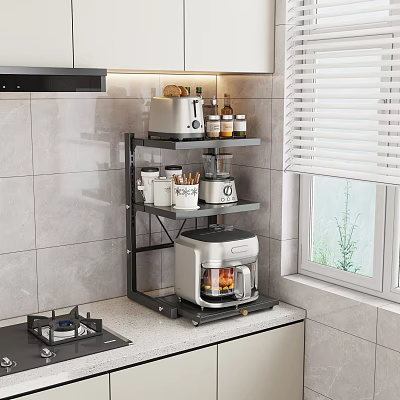 Modern Kitchen Countertop With Multi Layer Storage Shelf Holding Toaster Blender And Air Fryer 3d model