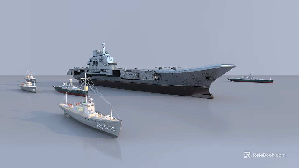 Large Military Warship Aircraft Carrier With Surrounding Smaller Naval Vessels 3d model 