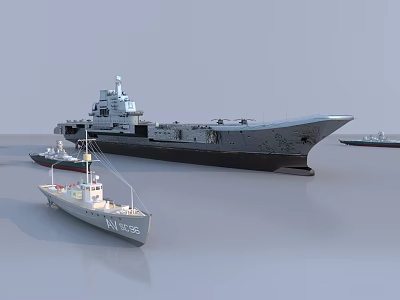 Large Military Warship Aircraft Carrier With Surrounding Smaller Naval Vessels 3d model
