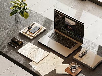 Modern Laptop Workspace Setup With Green Plant Mobile Phone Notebooks And Pens 3d model