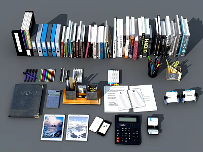 Organized Books And Magazines Display With Office Stationery Calendars Calculators And Framed 3d model