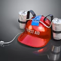 Red Thirst Aid Hat With Silver Cans Black Straps Blue Component And Tube 3d model