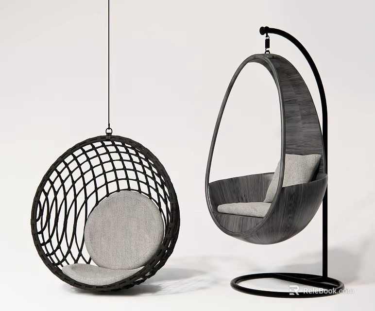 Modern Hanging Chair Designs With Woven Structure Curved Metal Stand And Soft Cushion 3d model 