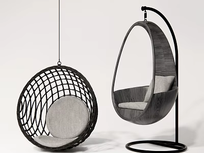 Modern Hanging Chair Designs With Woven Structure Curved Metal Stand And Soft Cushion 3d model