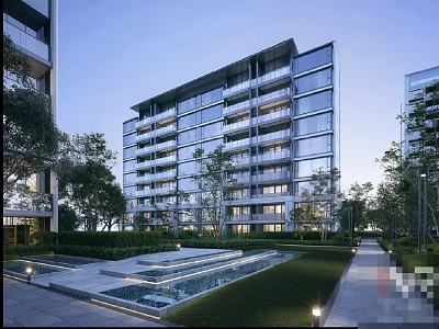 Modern Multi Storey Residential Building With Glass Curtain Walls Greenery Water Features And Landscaped Walkway 3d model