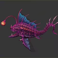 3D Render of Mythical Fantasy Fish with Pink Blue Scales Glowing Lantern and Sharp Teeth