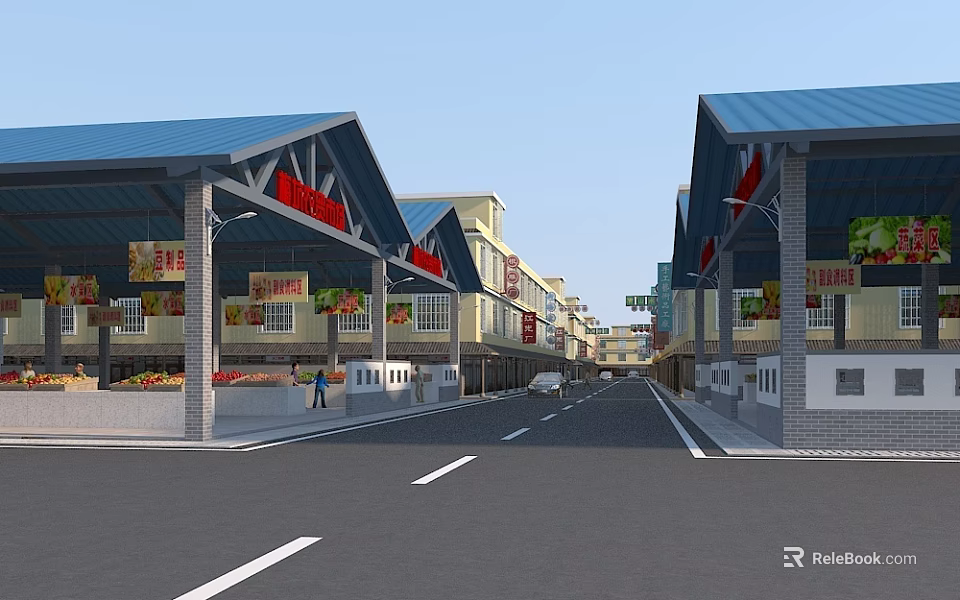 Vibrant Retail Market With Blue Roofed Stalls Chinese Signs Fresh Produce Pedestrians And Vehicles 3d model 