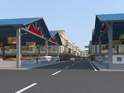 Vibrant Retail Market With Blue Roofed Stalls Chinese Signs Fresh Produce Pedestrians And Vehicles 3d model