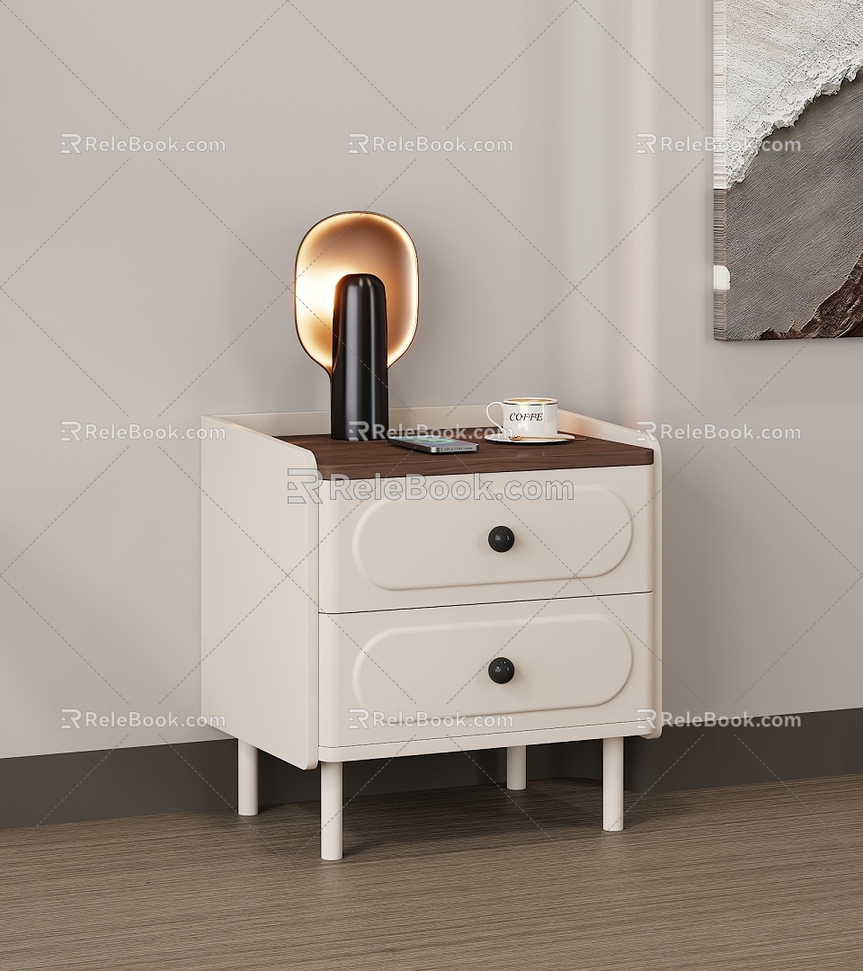 Cream Style Bedside Table Side Cabinet Grocery Cabinet Cabinet Walnut Table Lamp Coffee Decorative Painting Wooden Floor Bedroom Bedside Table Round Handles Metal Feet 3d model