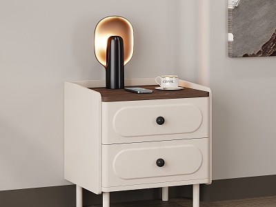 Cream Style Bedside Table Side Cabinet Grocery Cabinet Walnut Table Lamp Coffee Decorative Painting Wooden Floor Bedroom Bedside Table Round Handles Metal Feet 3d model