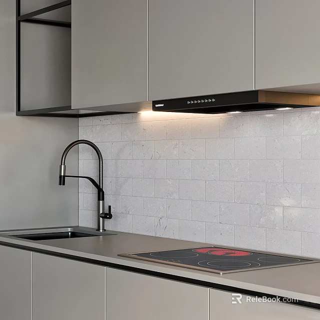 Modern Kitchen With Gray Cabinets White Marble Tile Backsplash Sleek Faucet And Induction Cooktop Countertop 3d model 